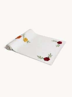 Runner in puro cotone con ricami floreali