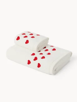 Set 2 asciugamani in spugna di cotone con ricamo a cuori