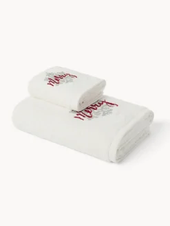 Set 2 asciugamani in spugna di cotone con fiocco di neve ricamato