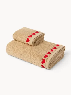 Set 2 asciugamani in spugna di cotone con ricamo a cuori