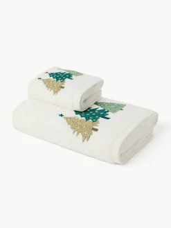 Set 2 asciugamani in spugna di cotone con alberi di Natale ricamati