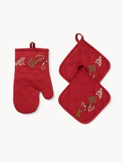 coincasa Set di 2 presine e guanto da cucina in twill di puro cotone ricamo agrifoglio