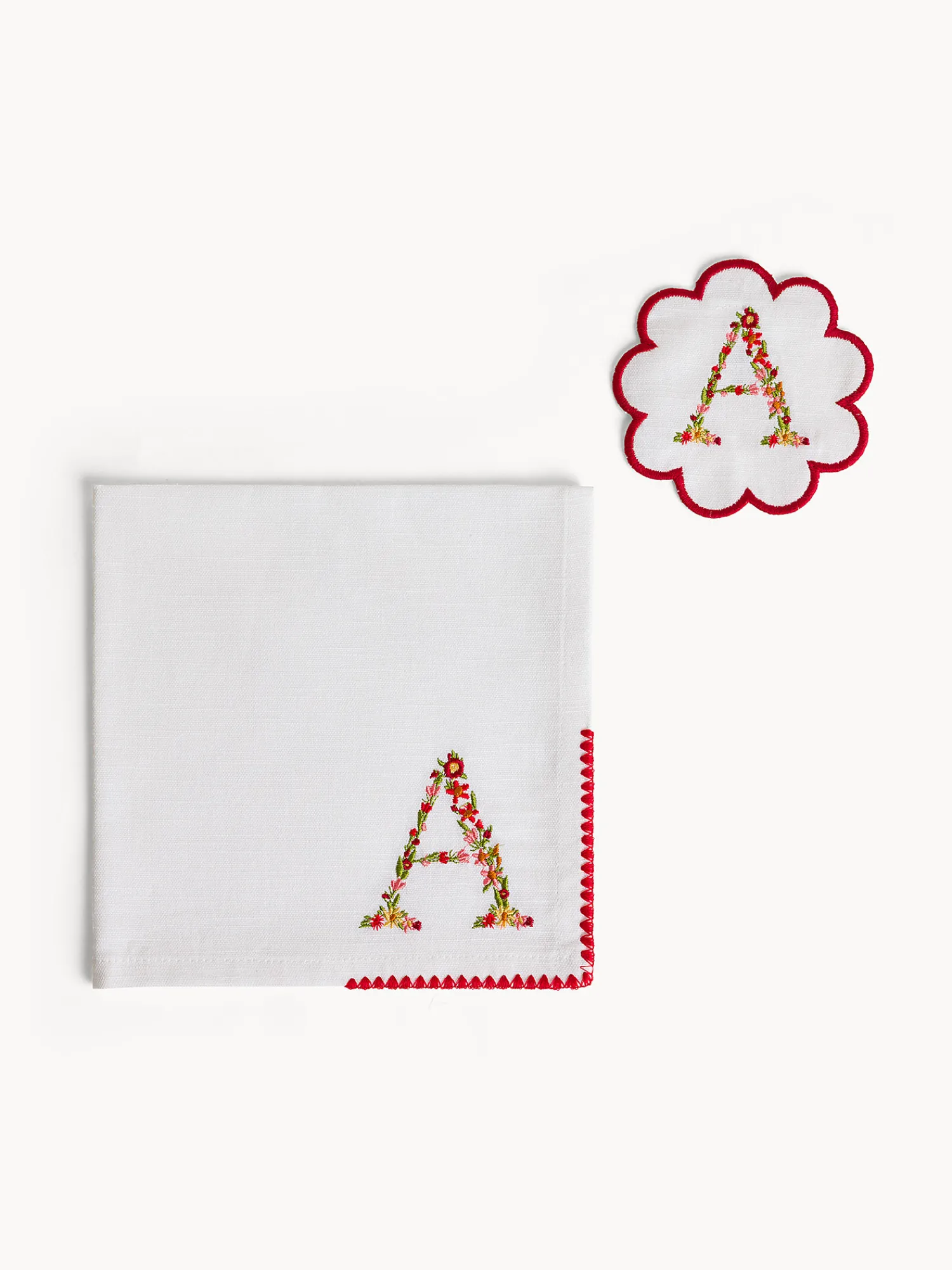 Set tovagliolo e sottobicchiere lettera ricamata A